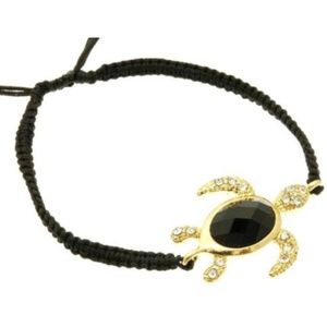Sea Turtle Bracelet Black Rope Gold Plated Crystal Jeweled Nautical Island Beach